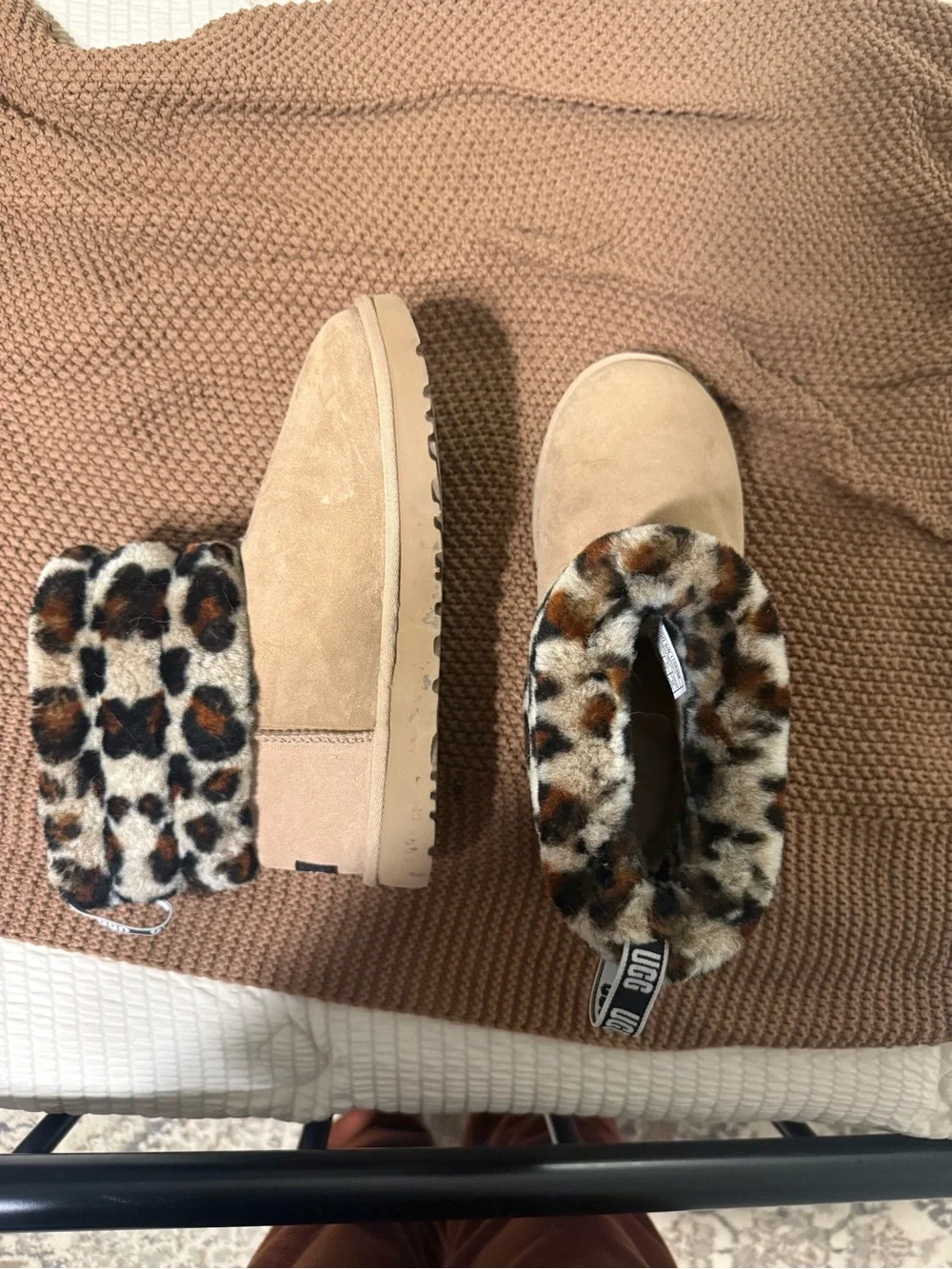 UGG Leopard Faux Fur Cuff Mini Boots in Chestnut and Black